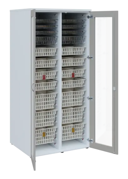 EUROMEDICA S - 90 skříň léková boxová, 2-dveřová/prosklená, 1950x900x735, korpus bílý, dvířka šedá